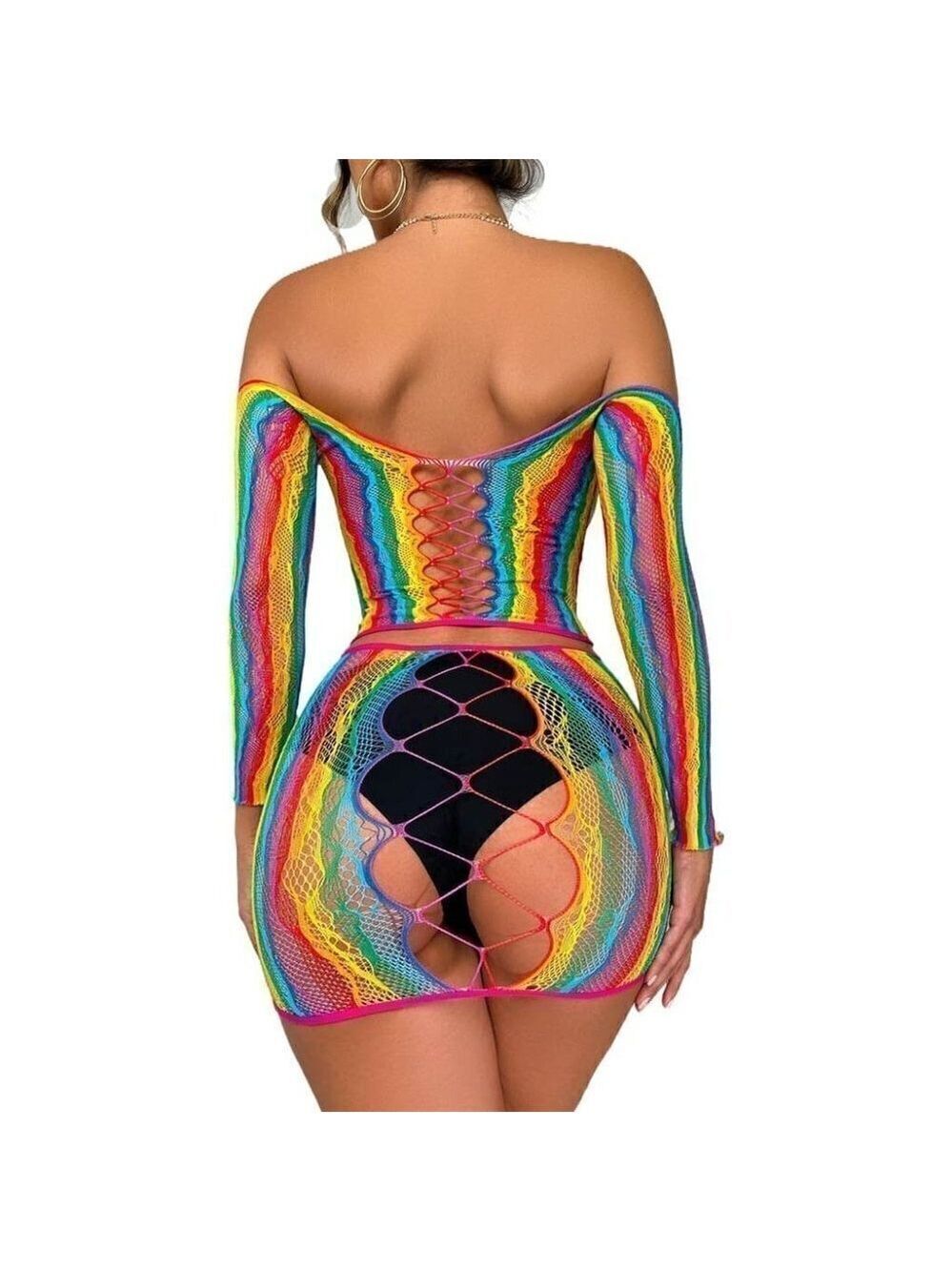 🌈 Rainbow Fishnet Stockings Mesh Lingerie Bodysuit Party Rave Boho Cosplay NWT